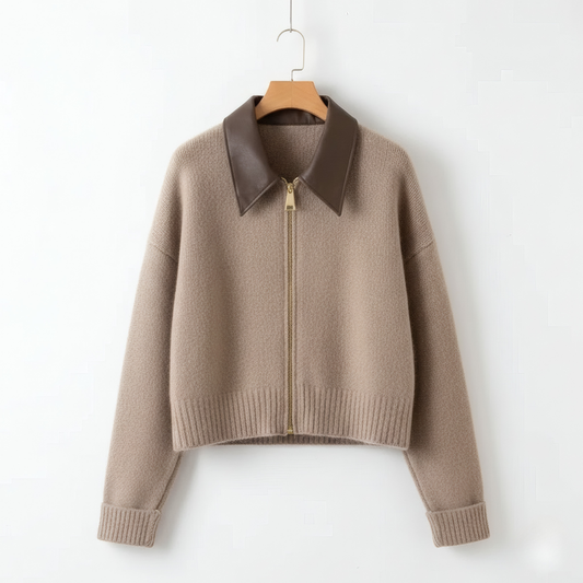 Pull Zippé Col Similicuir pour Femme