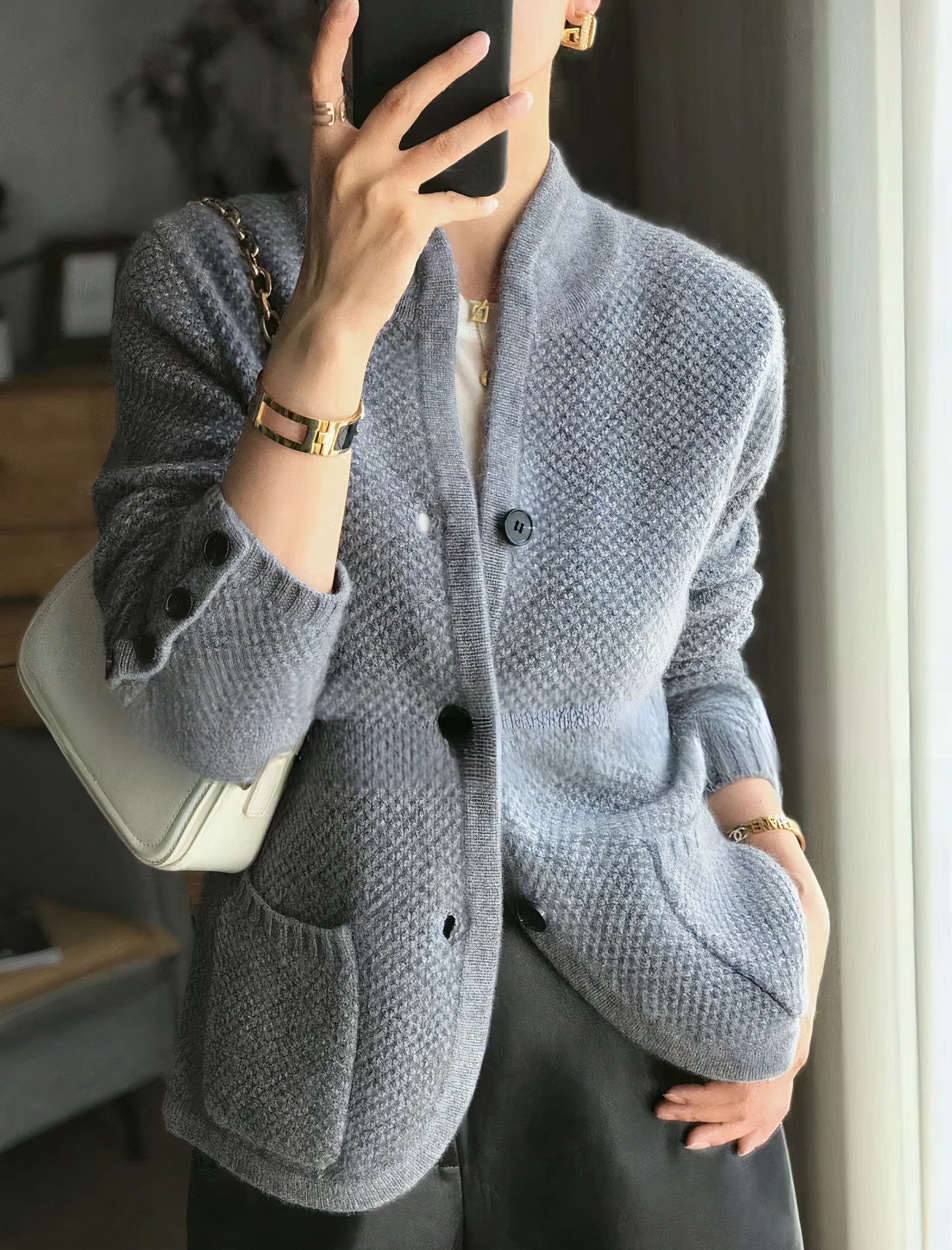Cardigan Boutonné Matière Texturée pour Femme