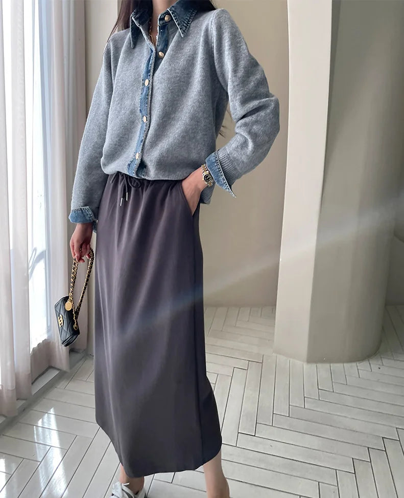 Cardigan Contrasté Denim Col Structuré pour Femme