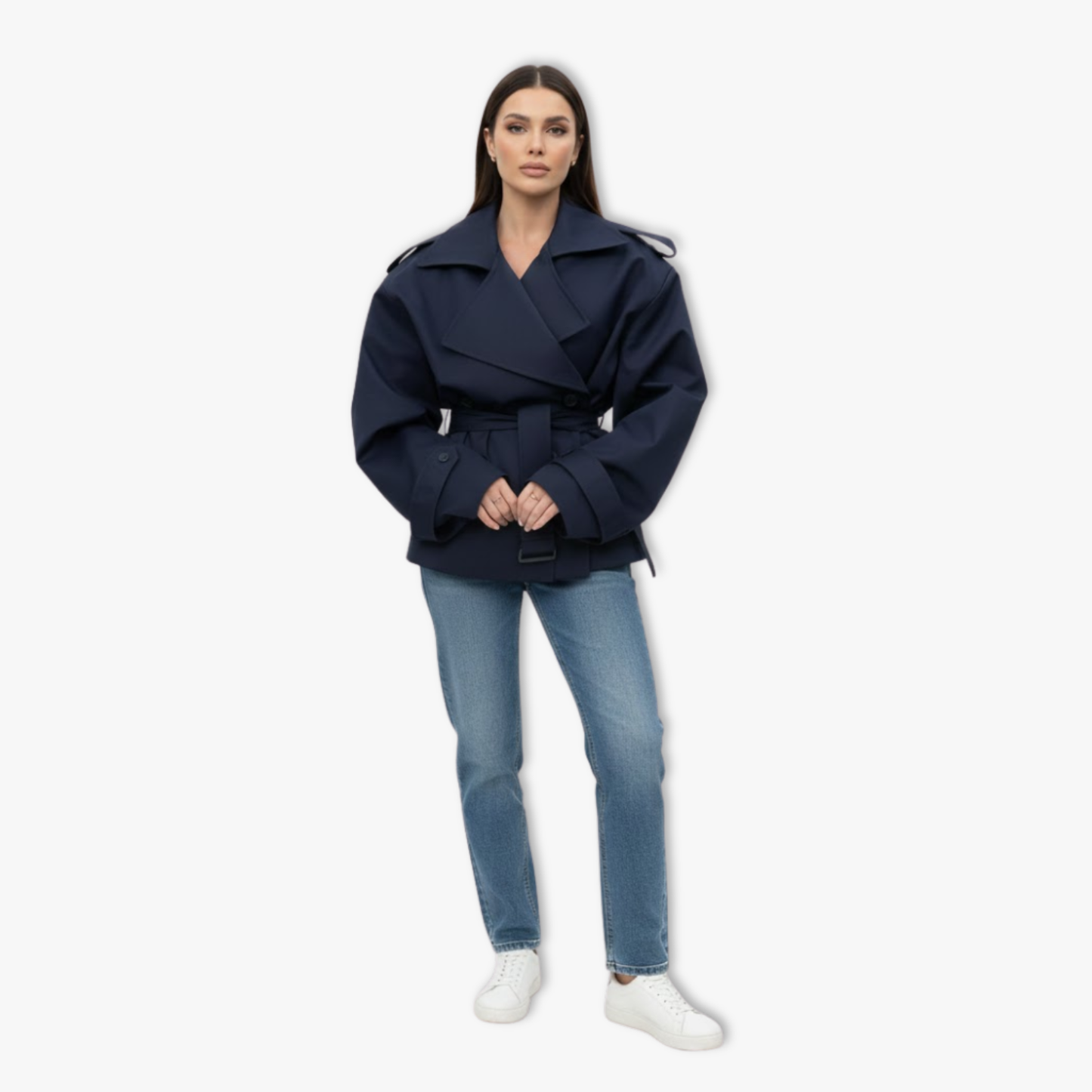Trench Court Revers Laçage à la Taille pour Femme
