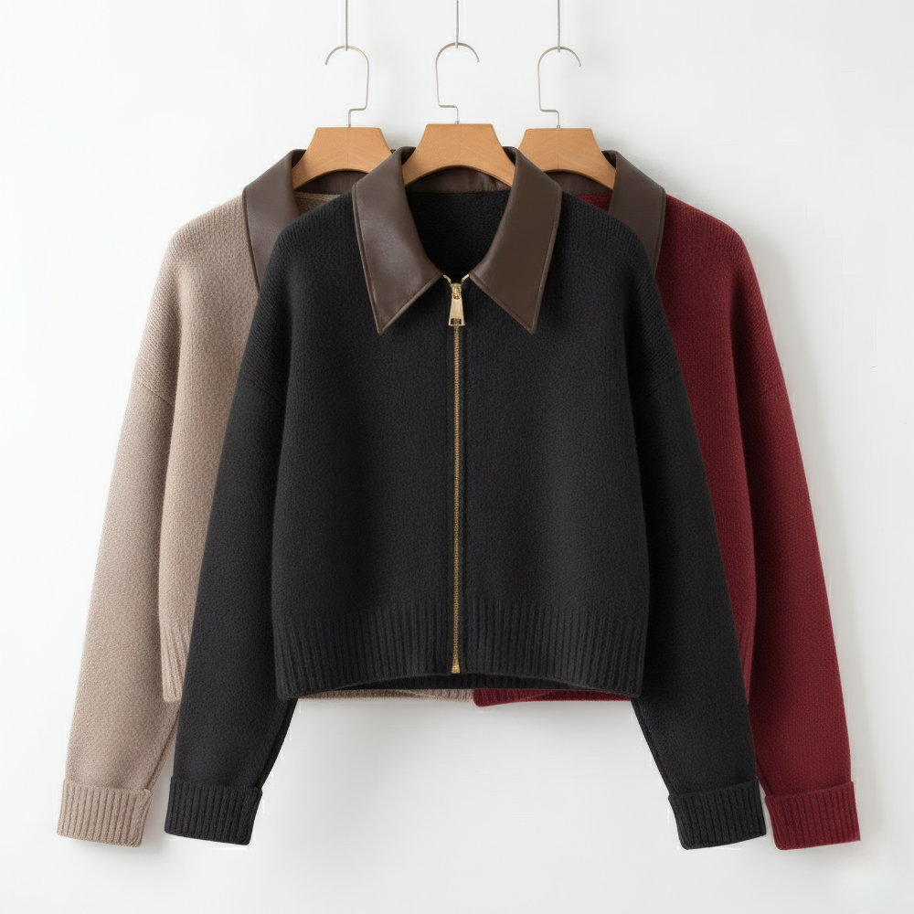 Pull Zippé Col Similicuir pour Femme