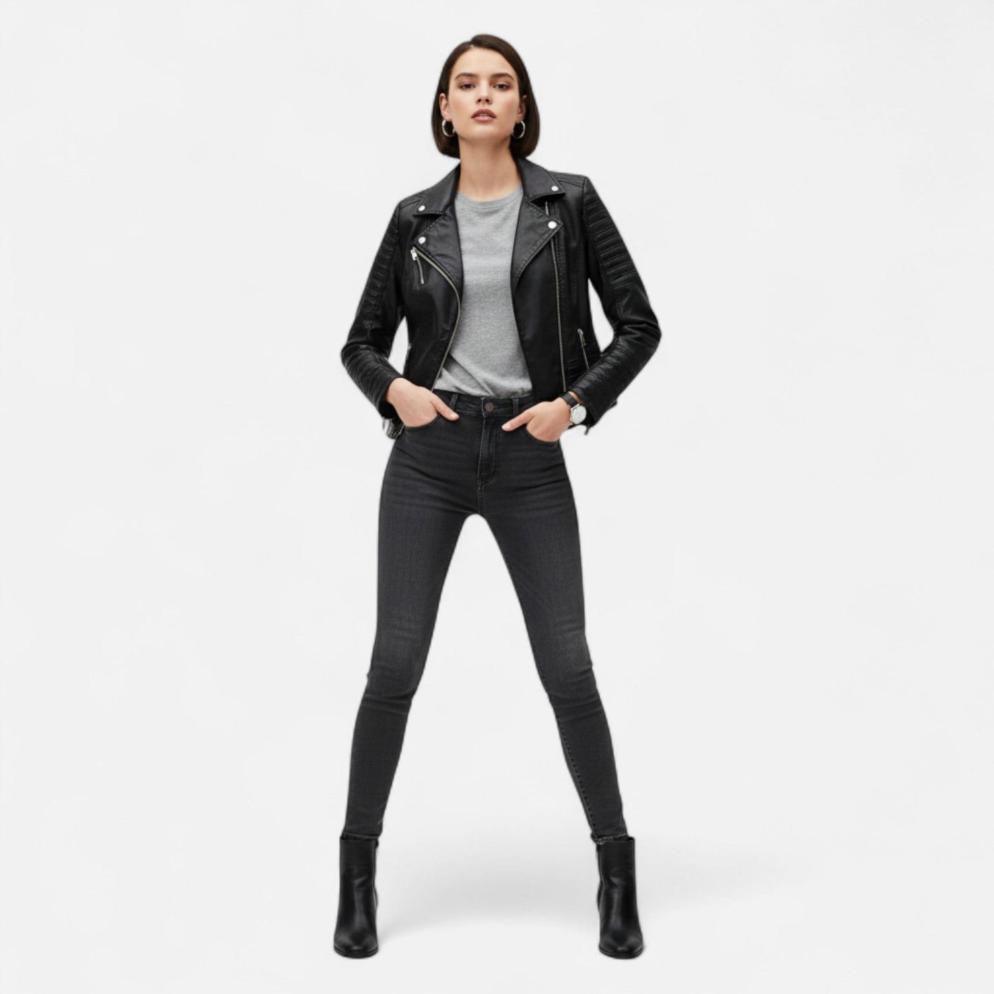 Veste en Cuir Véritable Design Biker pour Femme