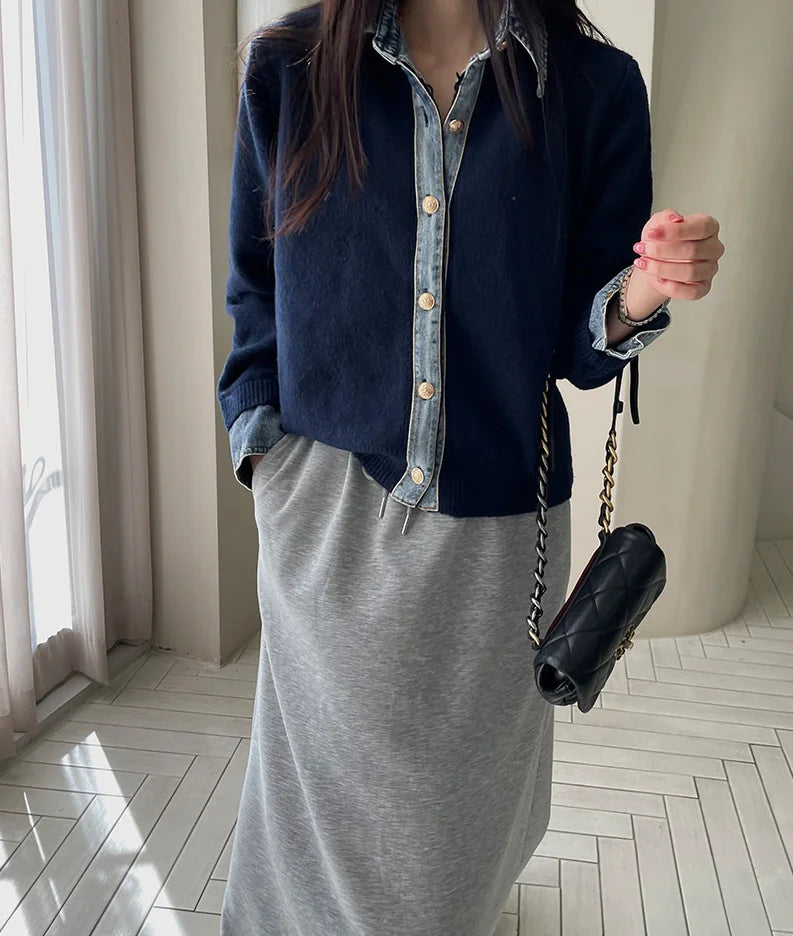 Cardigan Contrasté Denim Col Structuré pour Femme