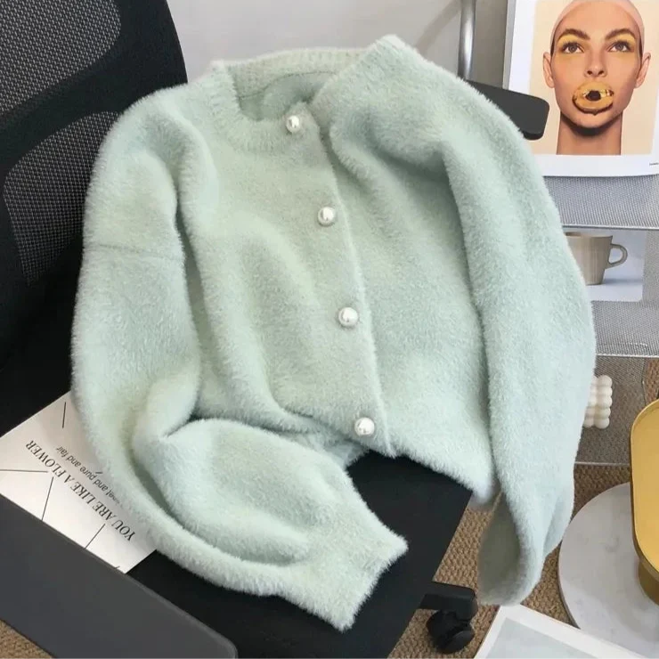 Cardigan en Maille Velours Boutons Perlés pour Femme