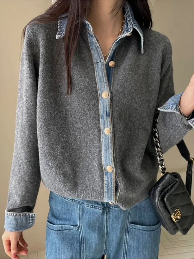 Cardigan Contrasté Denim Col Structuré pour Femme