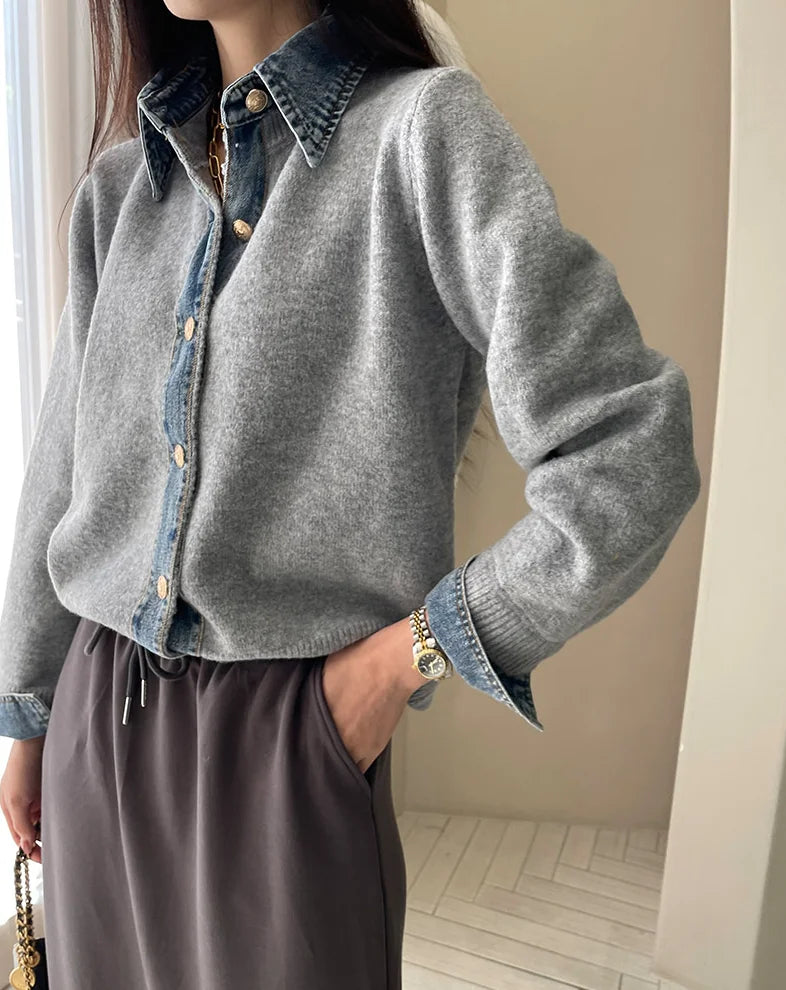 Cardigan Contrasté Denim Col Structuré pour Femme