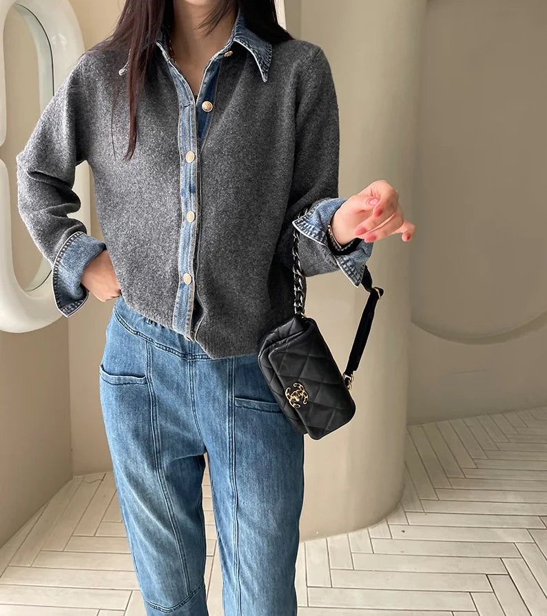 Cardigan Contrasté Denim Col Structuré pour Femme