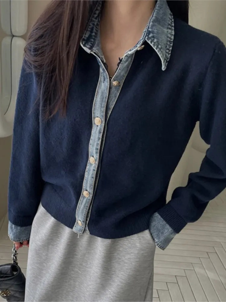 Cardigan Contrasté Denim Col Structuré pour Femme