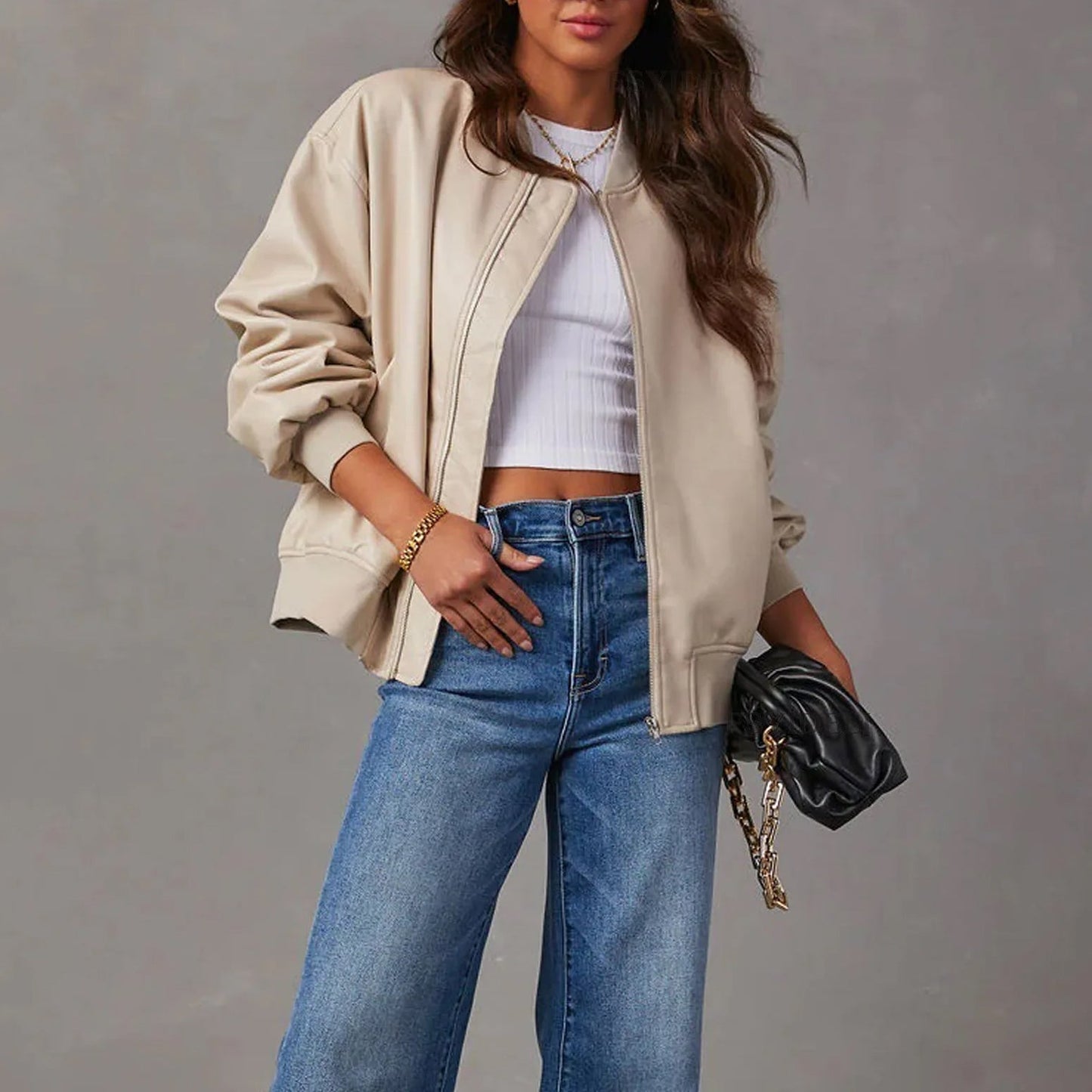 Veste en Similicuir Col Officier Zippée pour Femme