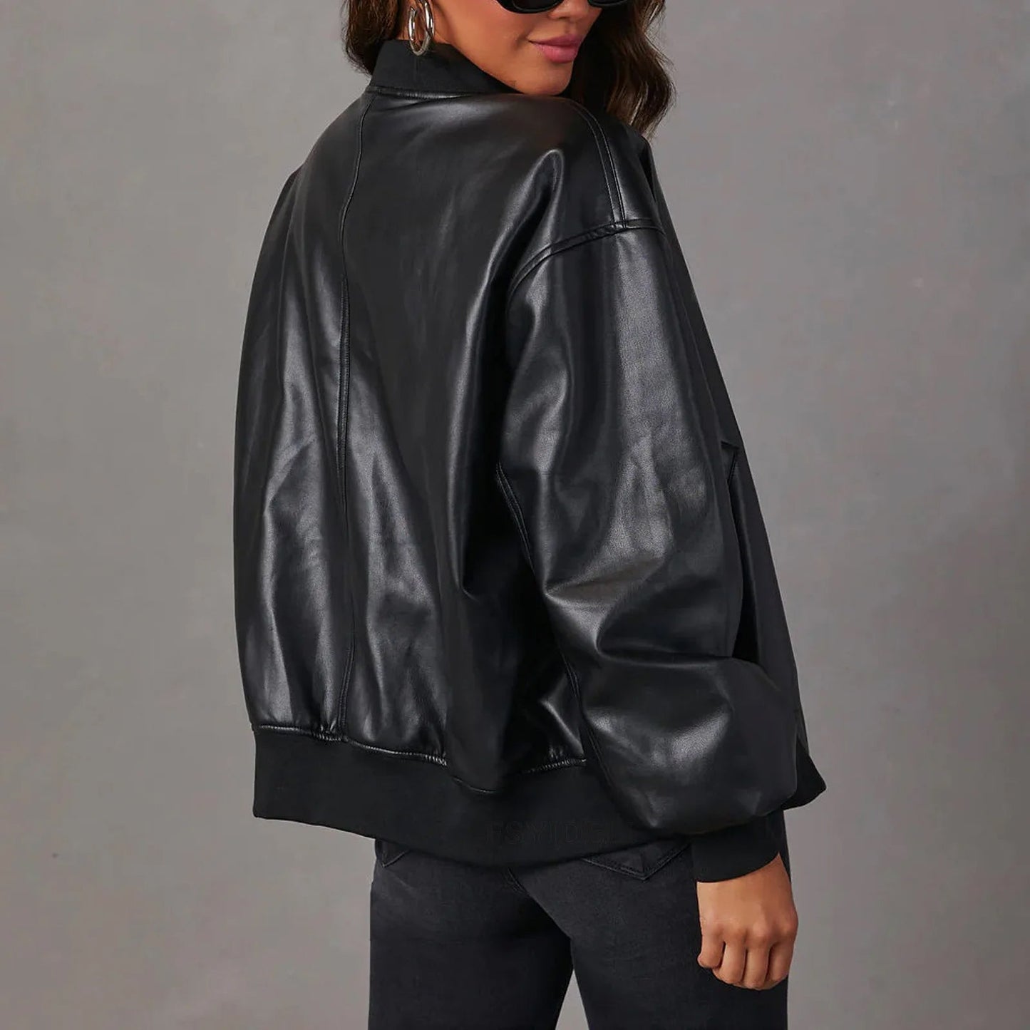 Veste en Similicuir Col Officier Zippée pour Femme